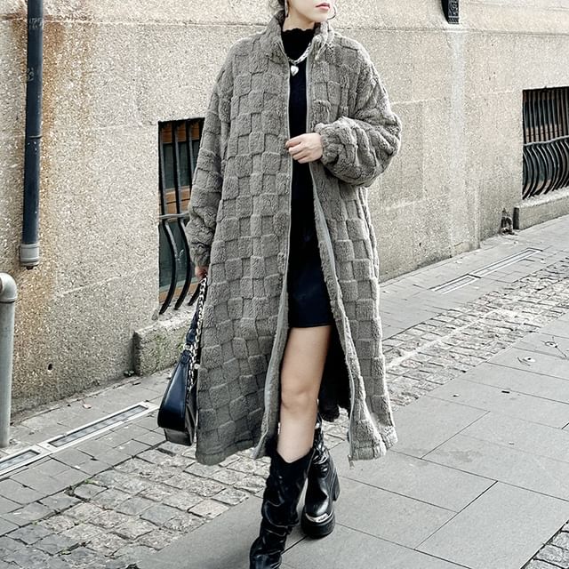 KUMI-Stand Collar Plain Fleece Midi Zip Coat