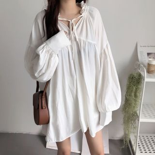 Tie-Neck Balloon-Sleeve Tunic Dress