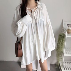 GOUB - Tie-Neck Balloon-Sleeve Tunic Dress GOUB - Tie-Neck Balloon-Sleeve Tunic Dress