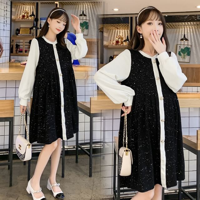 Rosy Street-Maternity Long-Sleeve Round Neck Two Tone Glitter Button Accent Pleated Tunic Dress
