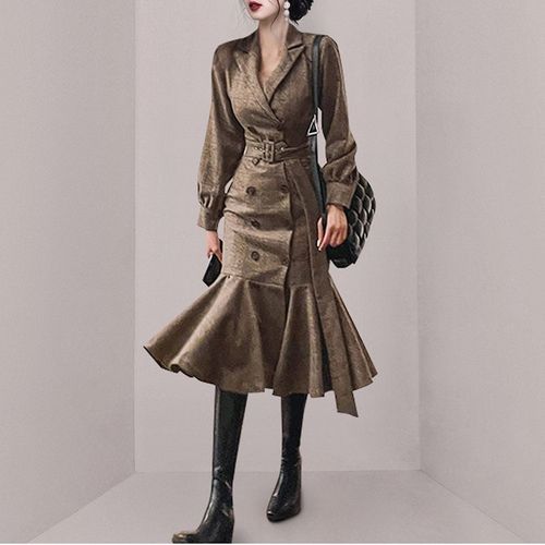 Long-Sleeve Peak Lapel Plaid Double Breasted Belted Midi Mermaid Coat Dress