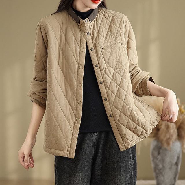 MIKIGA-Stand Collar Plain Quilted Button Up Jacket