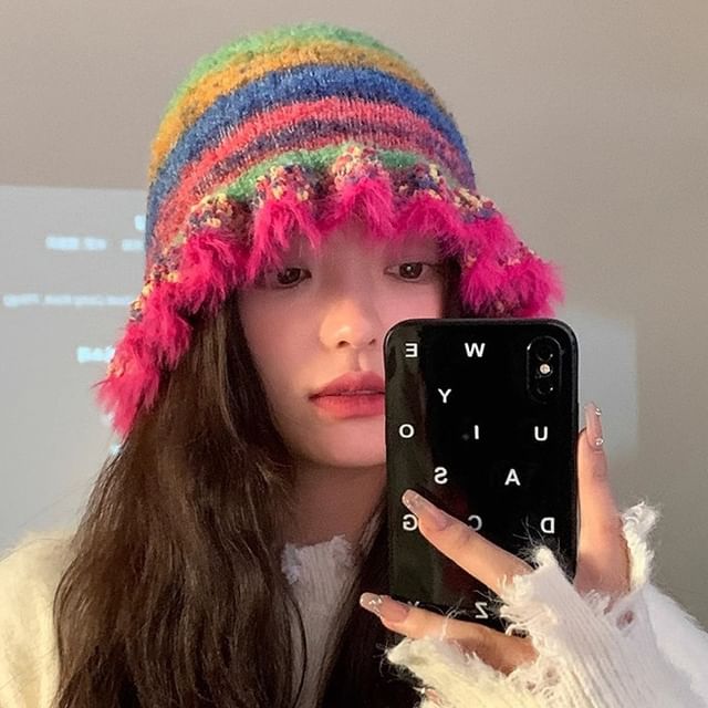 Pompabee-Tassel Striped Knit Bucket Hat
