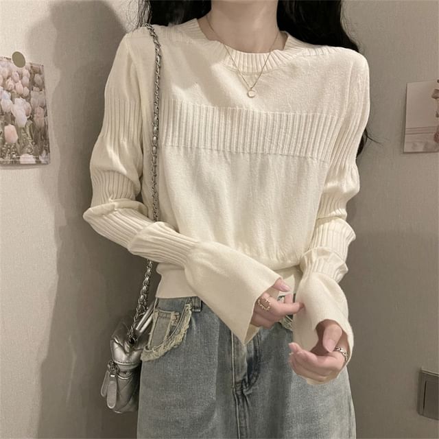 Dragan Pulse-Flared-Sleeve Crew Neck Plain Ribbed Sweater