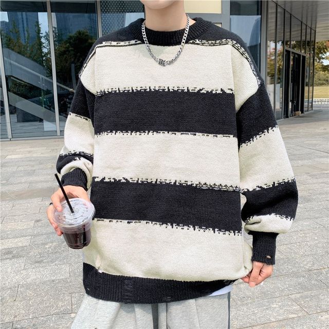 Oversized Sweater Korean Men Lingaris Crew Neck Striped