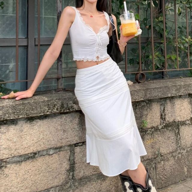 Sleeveless V-Neck Plain Crop Top High Rise Midi Skirt