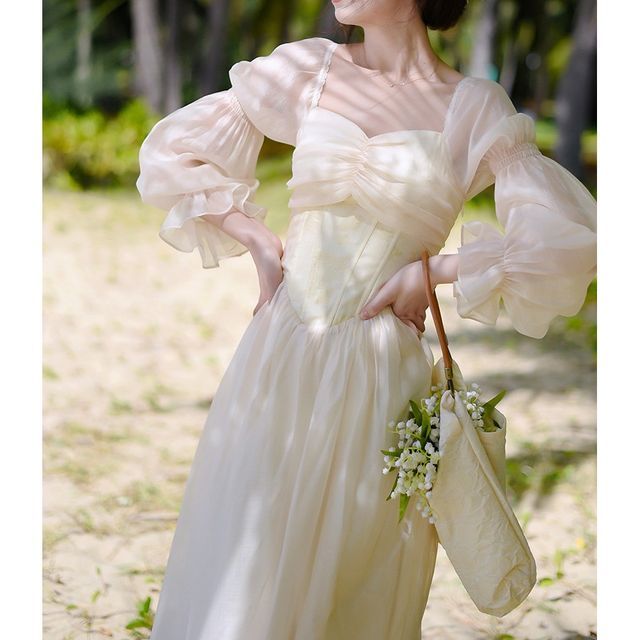 fitted lace wedding dress White Bat Sleeve Causel Long Dress Plus Size Oversize Women Clothes 1638 XL