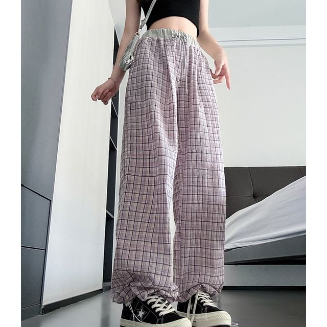 evanesce-Panel Plaid High Waist Drawstring Wide Leg Sweatpants