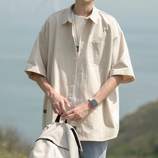 emeisa-Elbow-Sleeve Pocketed Plain Shirt
