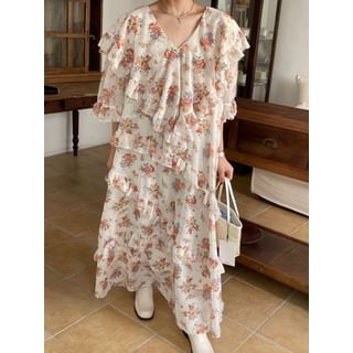 SeoulPop Short-Sleeve V-Neck Floral Ruffle Loose-Fit Dress Sale