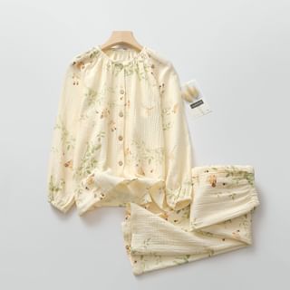 Finlies Pajama Set Long Sleeve Round Neck Floral Print Button Top + Elastic