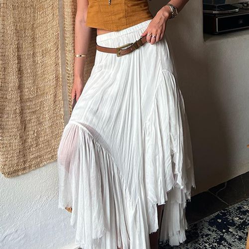 Low Waist Plain Asymmetric-Hem Ruffled Maxi Skirt