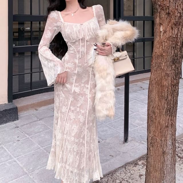 Windflower Bell Sleeve Square Neck Plain Tie Front Lace Maxi A