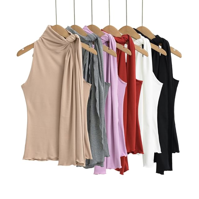 Ulark-Sleeveless Tie Neck Asymmetrical Plain Top