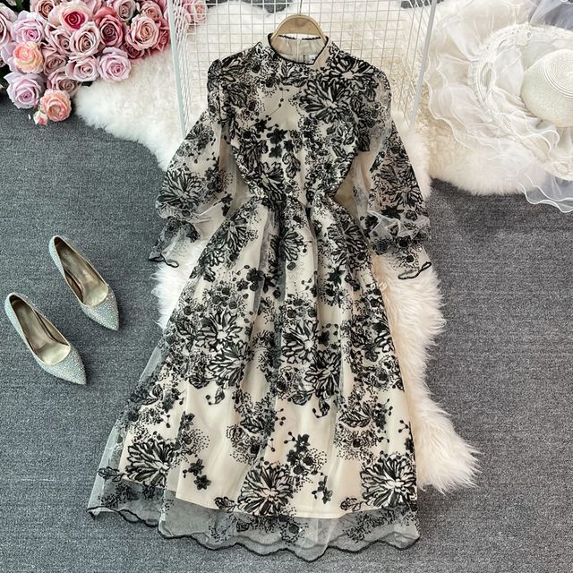 Yearnin - Stand Collar Floral Embroidered Mesh Overlay A-Line Maxi Dress |  YesStyle