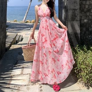 Faiar - Halter V-Neck Floral Print Open Back Slit Maxi A-Line Dress |  YesStyle