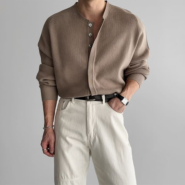 Okwano-Crew Neck Plain Ribbed Cardigan