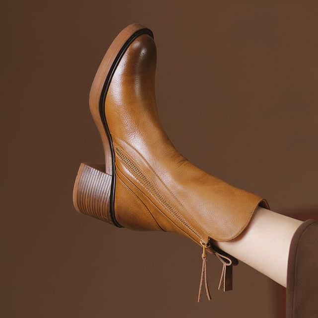 Anran-Block Heel Faux Leather Short Boots