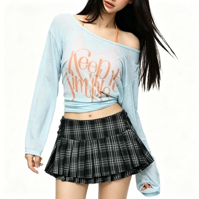 Windflower-Low Rise Plaid Pleated Buttoned Mini A-Line Skirt