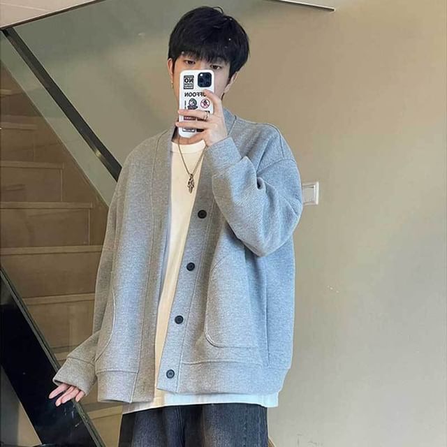 DuckleBeam-V-Neck Plain Button Down Jacket