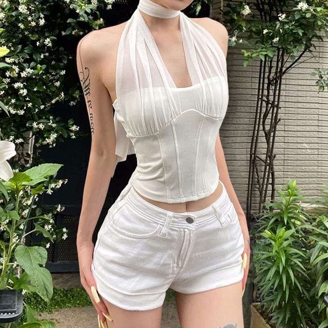Bababy-Halter Neck Plain Crop Bustier Top