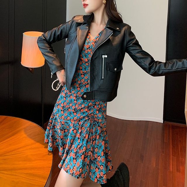 Yolandus Puff-Sleeve Floral Print A-Line Dress Faux Leather