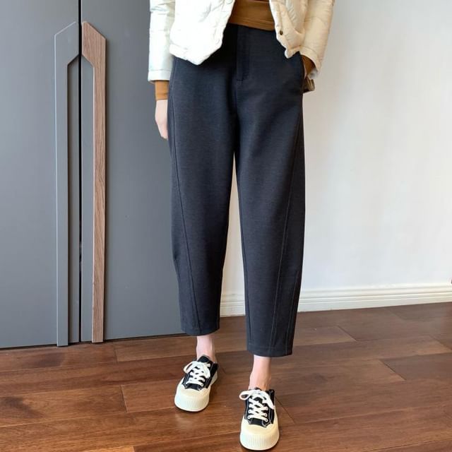 Inchioh-High-Waist Plain Woolen Cropped Pants