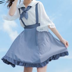 Moriville - Sailor Collar Elbow-Sleeve Blouse / Striped Panel Mini A-Line Jumper Skirt Moriville - Sailor Collar Elbow-Sleeve Blouse / Striped Panel Mini A-Line Jumper Skirt