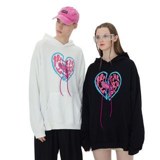 Drewush Couple Matching Louis Heart Lettering Zip-Collared Sweatshirt