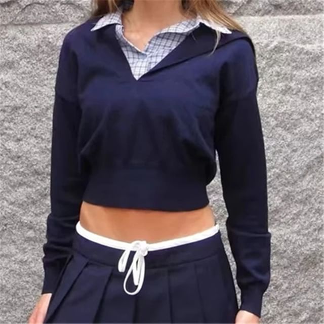 Asiris-Collared Plaid Mock Two Piece Sweater