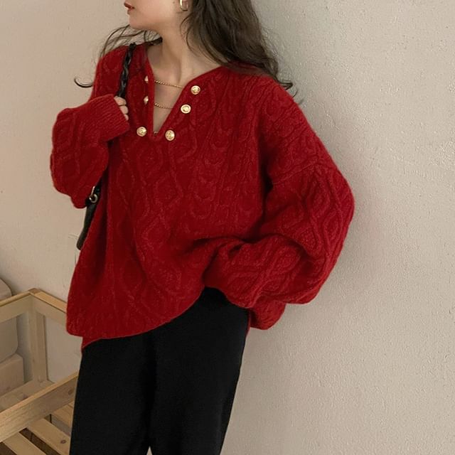 Sienne-V-Neck Plain Cable Knitted Oversized Sweater