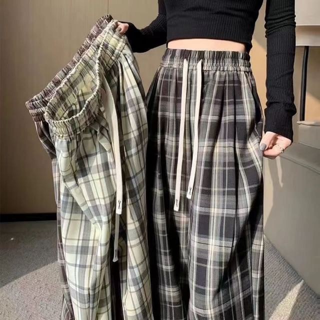 Everose-Drawstring Waist Plaid Wide Leg Pants