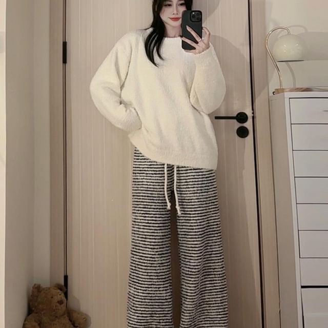 GOUB-Pajama Set Round Neck Plain Sweater Striped Pants