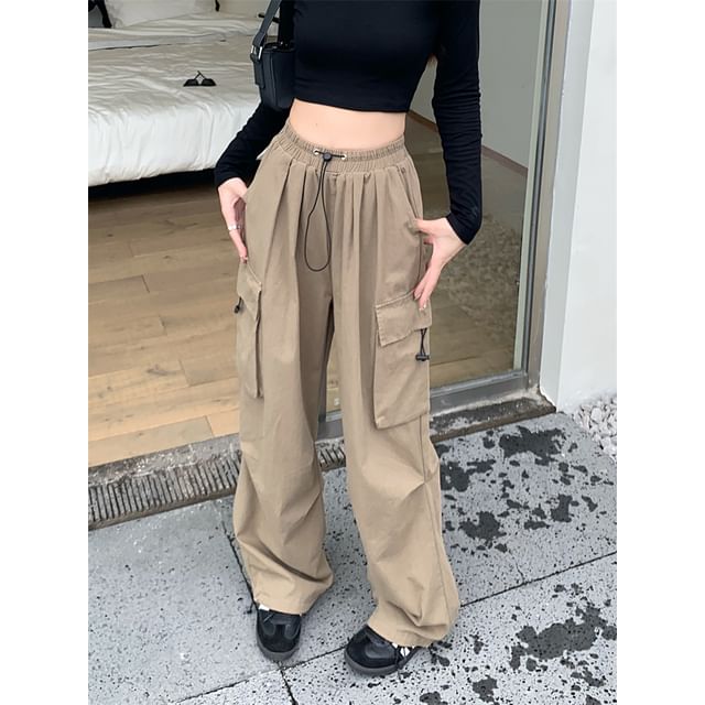 AXEN - Drawstring Waist Plain Wide Leg Cargo Pants