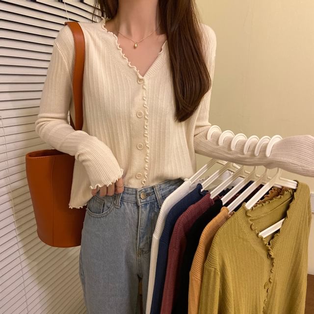 Magimomo-V-Neck Plain Ribbed Knit Cropped Cardigan