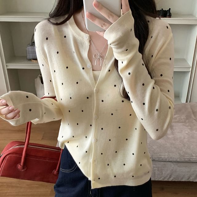 Dute-Set Dotted Button-Up Cardigan Cami Top