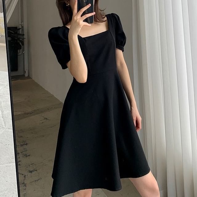 Sienne-Puff-Sleeve Square Neck Plain A-Line Dress
