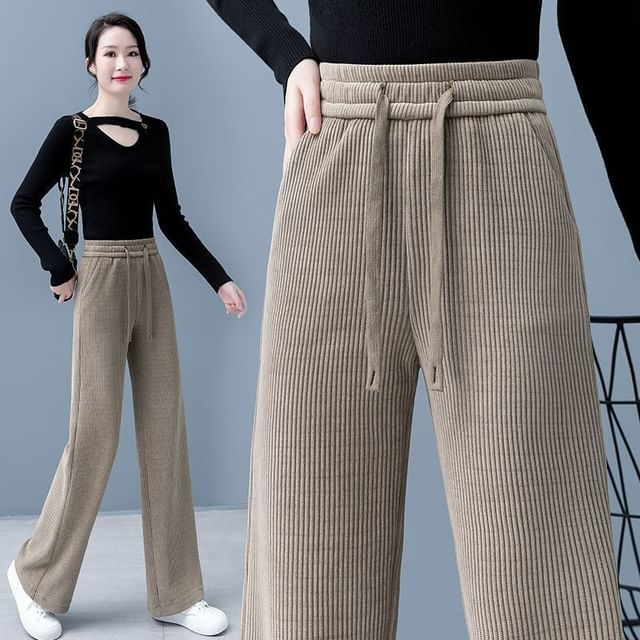 Maisee-Drawstring Waist Plain Ribbed Wide Leg Pants