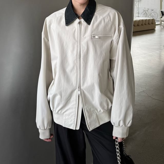 Omozando-Collared Two Tone Zip Jacket