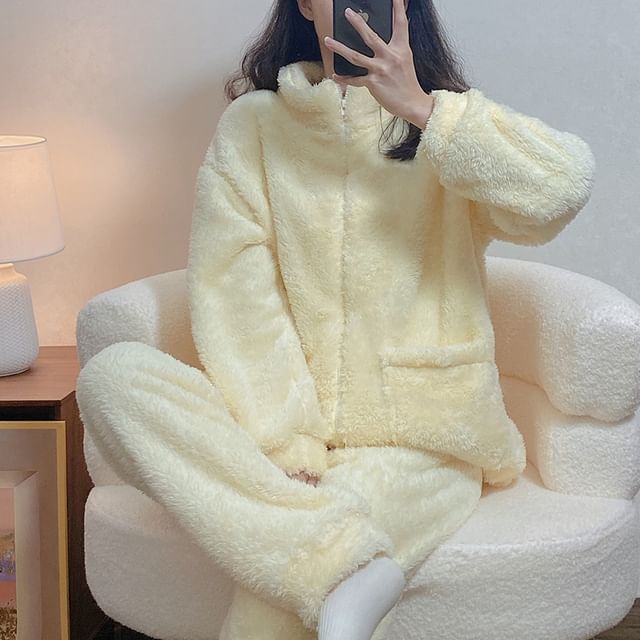 Siensien-Pajama Set Stand Collar Plain Fluffy Zip-Up Jacket Pants