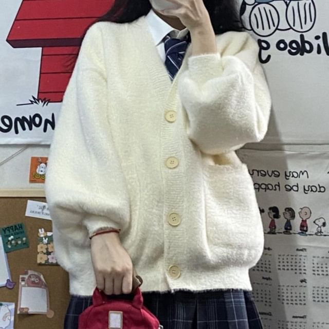 Sisyphi-V-Neck Button-Up Plain Cardigan
