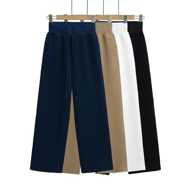 Ulark-Drawstring Waist Plain Wide Leg Pants