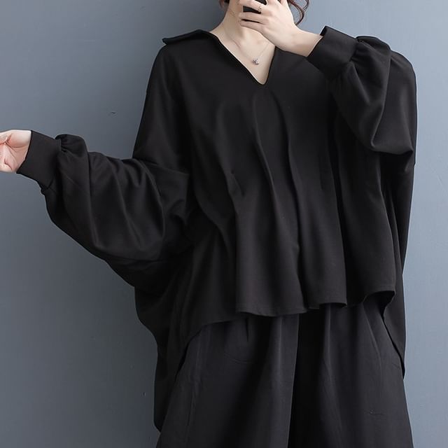 Lewwe-Long-Sleeve V-Neck Oversized Plain Top