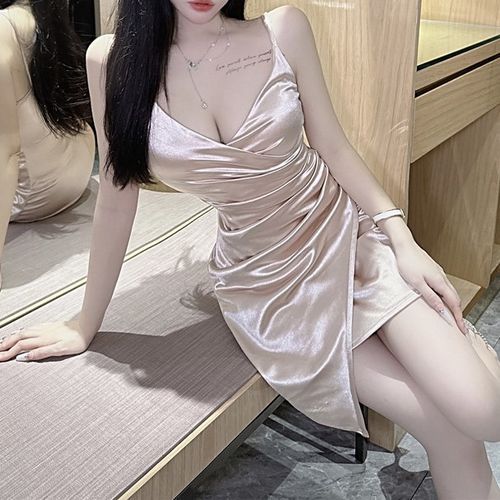 Sexy deep v neck belt tie irregular mini outlet bodycon dress