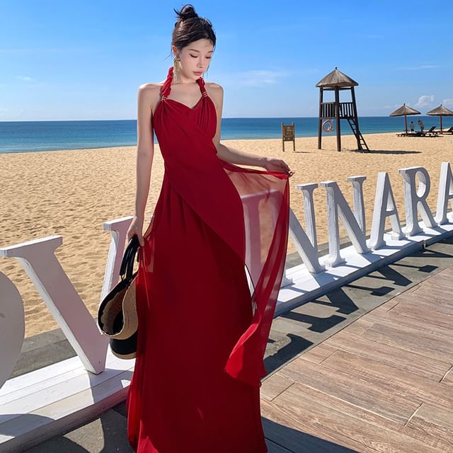 sachin and babi light blue dress 🔴Embrace elegance in red. Make every entrance unforgettable.🔥, 🔍V-Neck  Halter Flared Hem Solid Dress , #parthea #partheafashion #outfits #reddress  #outfitinspo #whattowear main image 0