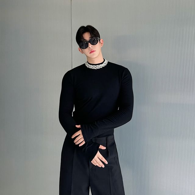 Patow-Long-Sleeve Crewneck Beaded Plain Top