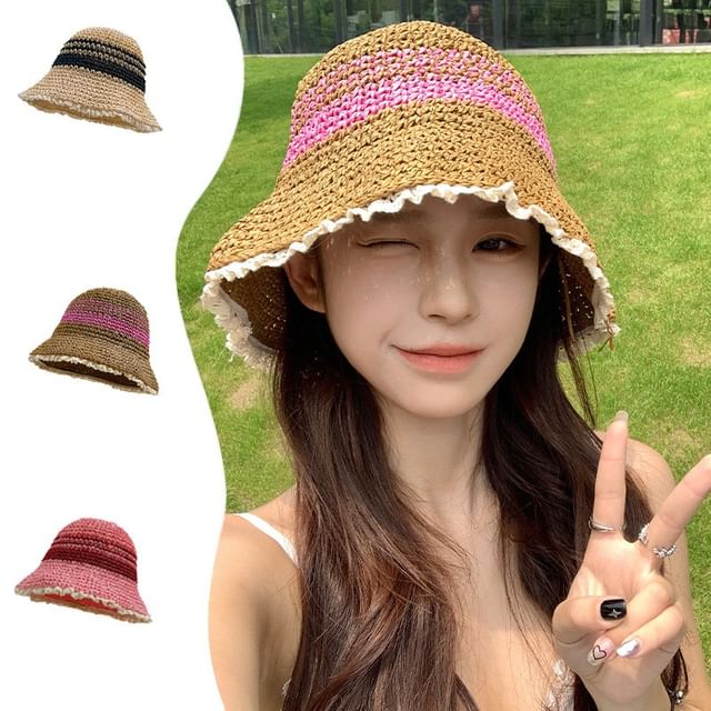 TAAK-Striped Lace Trim Sun Hat