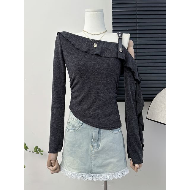 Lemongrass-Asymmetrical Ruffled One-Shoulder Crop T-Shirt