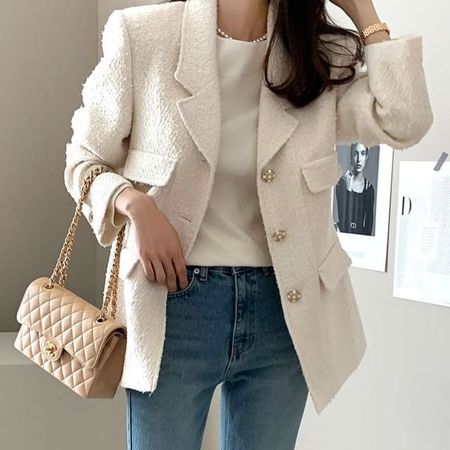 Coris-Notch Lapel Plain Tweed Single Breasted Blazer