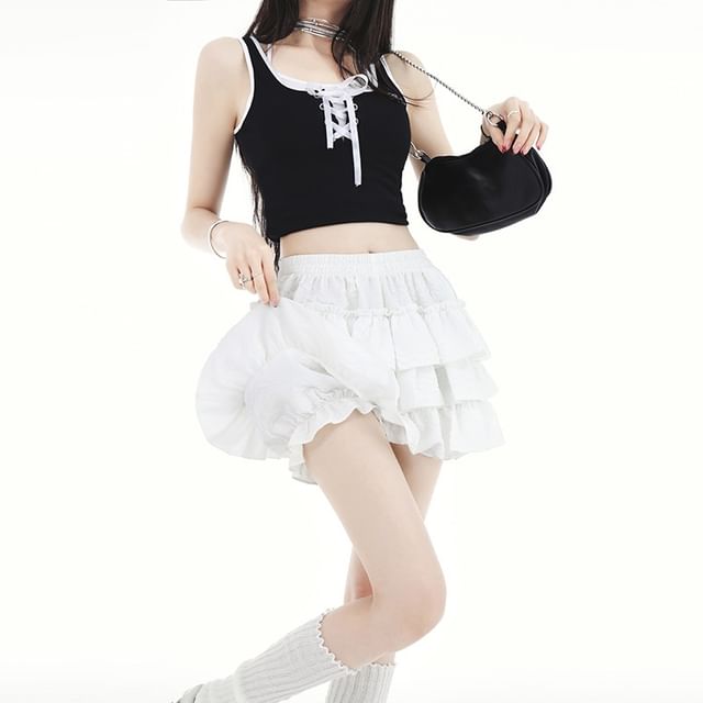 Denimot-High Waist Plain Mini Tiered Skort